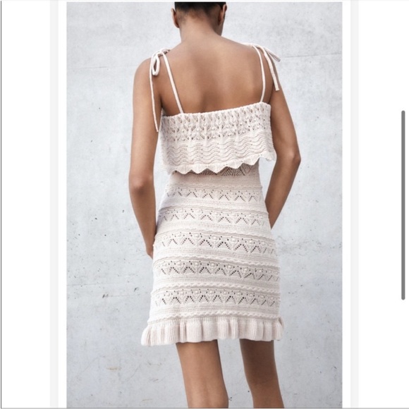RARE, NWOT! Zara Ruffled Knit Mini Dress w Tie Strap, Cream, M / L - Picture 2 of 11